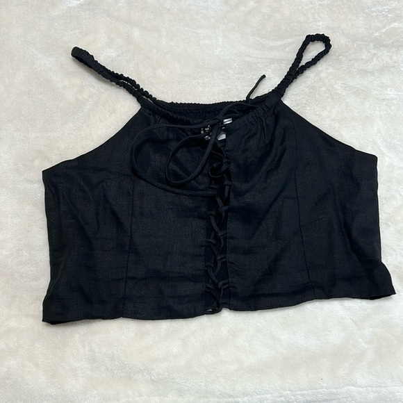 Seek the Label 100% Linen Black Crop Top XS | Lace Up NWOT - Picture 1 of 7